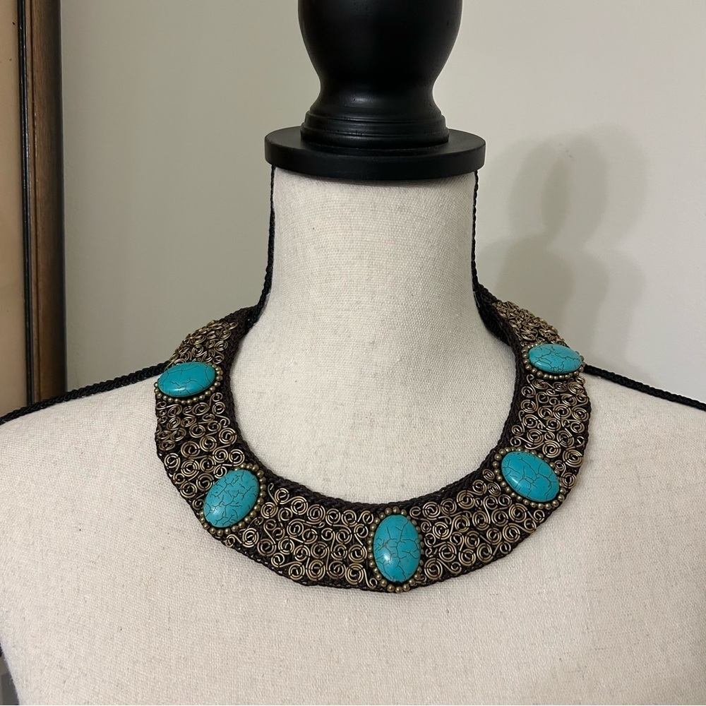 Faux Turquoise and Gold Filigree Bib Necklace